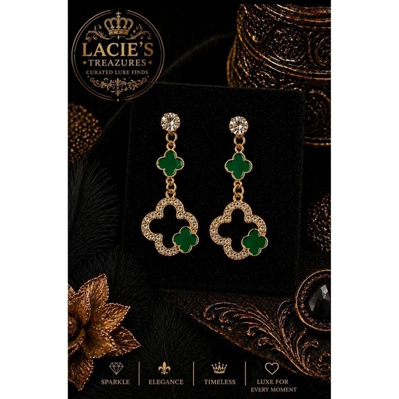 Jewelry - Green Clover Rhinestone Drop Earrings | Gold Tone Glam Luxe Dangle Earrings